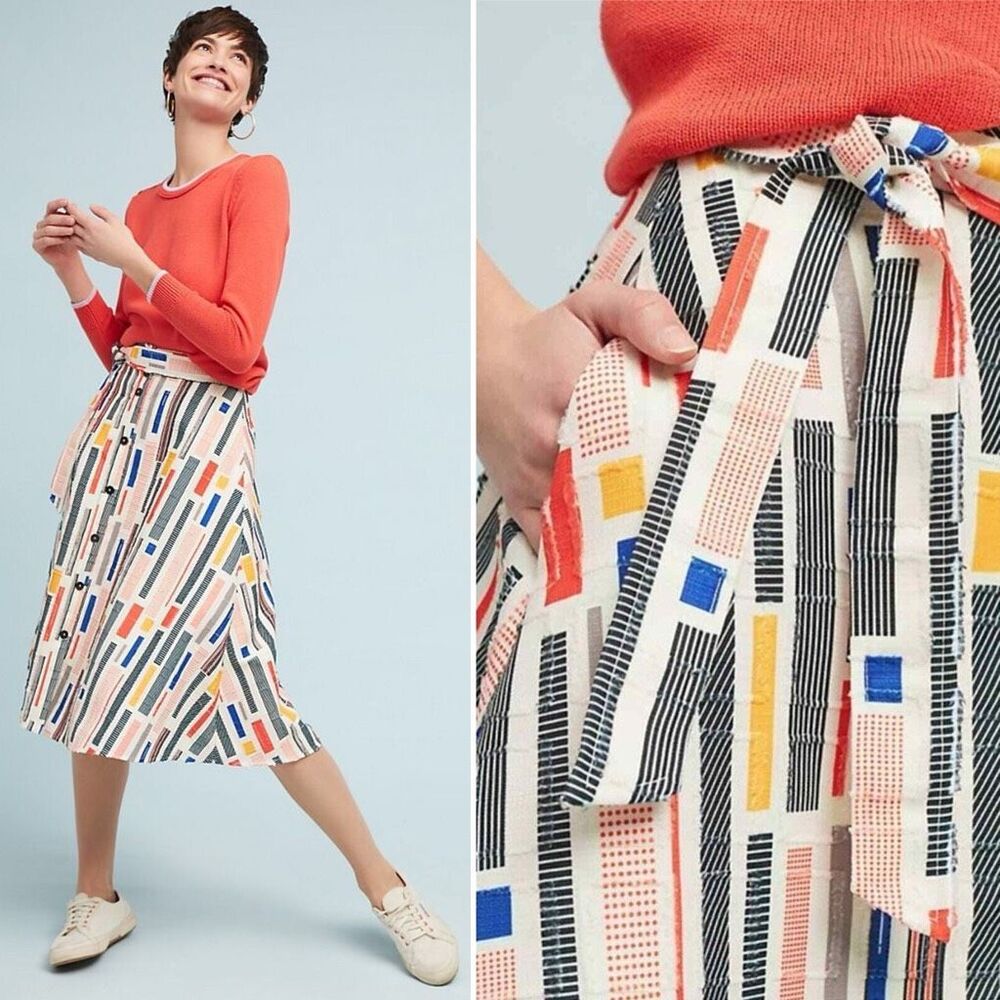 Anthropologie Coral-Accented Geometric Print Midi Skirt